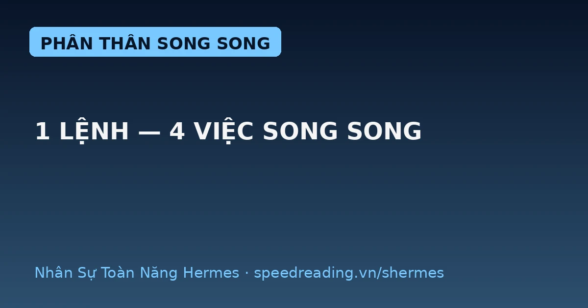 Giao 4 việc 1 lúc, Hermes phân thân chạy song song: xong trong 52 phút, Hỉ rảnh đi ăn trưa (thay vì 3 tiếng tự bơi)